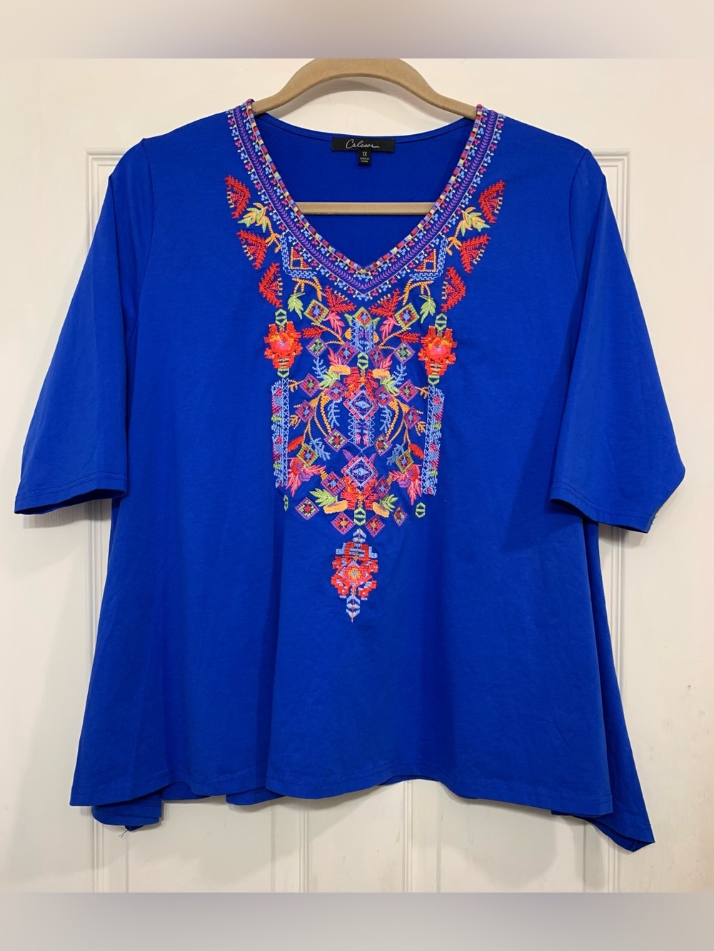 Caleosa Women's Blue Embroidered V-Neck Short 3/4 Sleeve Shirt. 3991J3
